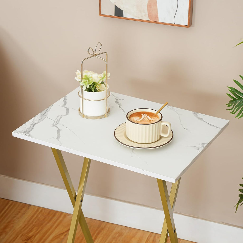 HOOBRO Folding TV Tray Tables, Set of 2 Side Table for Small Space, Industrial Snack Tables for Eating at Couch, Stable Metal Frame, Easy Assembly, Space Saving, Marble and Gold DM25BZ01