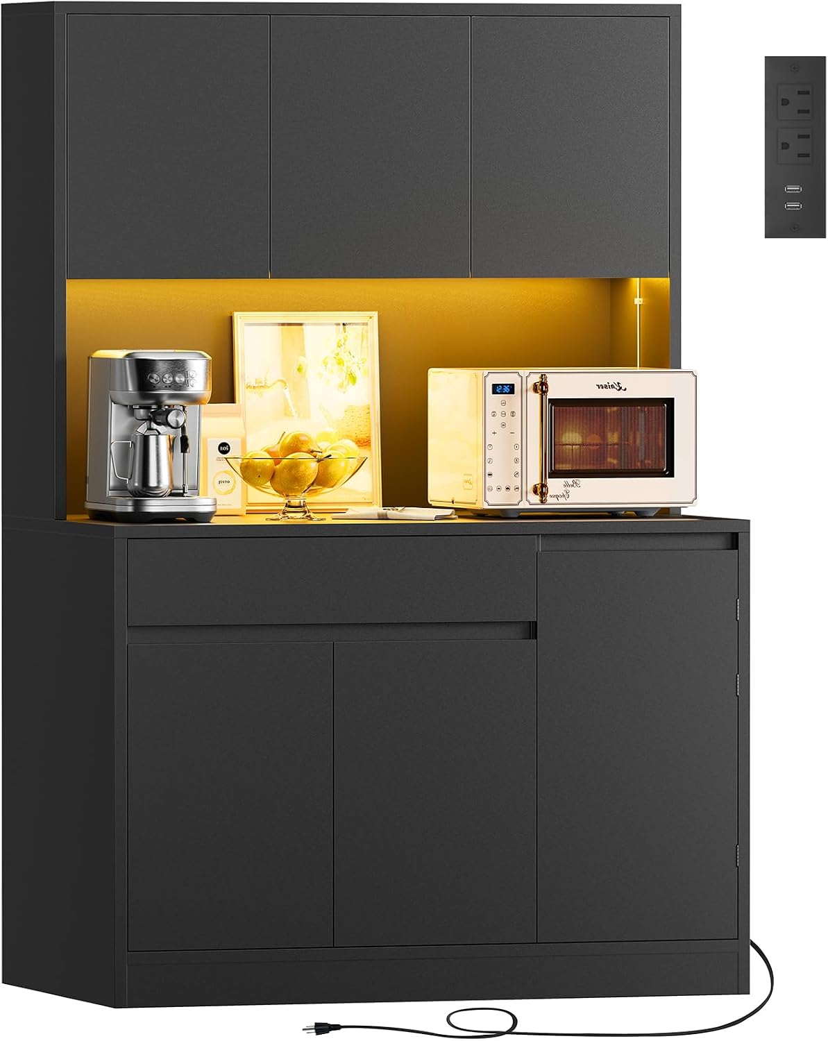TEENFON Pantry Cabinet with Charging Station and LED Light, Kitchen Pantry Cabinet with Microwave Stand, Kitchen Storage Cabinets with Adjustable Shelves and Door Shelves for Dining Room, Black