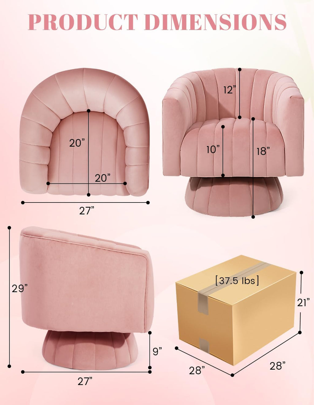 Kromax Swivel Accent Chair, Mid Century 360 Degree Barrel Chair with Armrest, Overstuffed Tufted Velvet, Ideal for Living Room, Bedroom, Reading Room, Light Pink