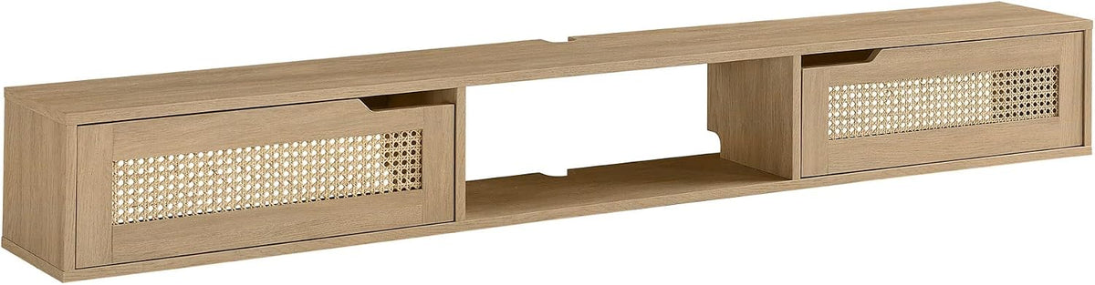 Walker Edison Destin Modern Rattan Flip-Down-Door Wall-Mounted Floating TV Stand for TVs up to 80 Inches, 70 Inch, Coastal Oak