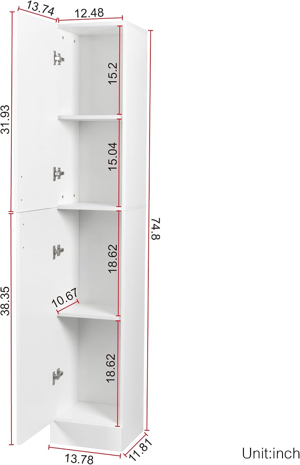 Freestanding Cabinet with Inadjustable Shelves and Two Doors for Kitchen, Dining Room, White