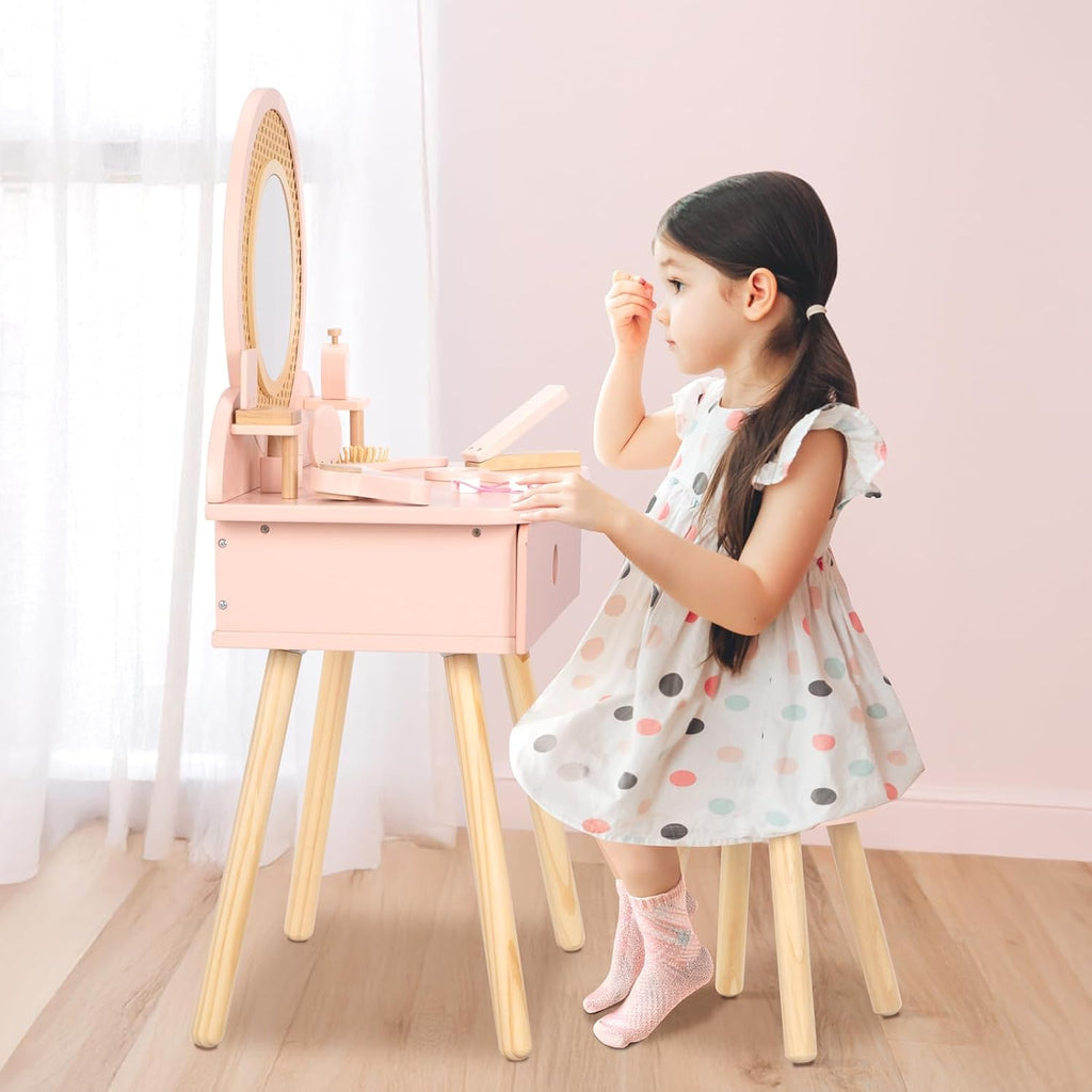 OOOK Toddler Vanity Set with 11pcs Accessories, Kids Vanity Table Chair Set | FSC Safety, Pink Pretend Makeup Toy with Straw Weaving Decor, Suitable for Girls Aged 3+
