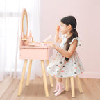 OOOK Toddler Vanity Set with 11pcs Accessories, Kids Vanity Table Chair Set | FSC Safety, Pink Pretend Makeup Toy with Straw Weaving Decor, Suitable for Girls Aged 3+