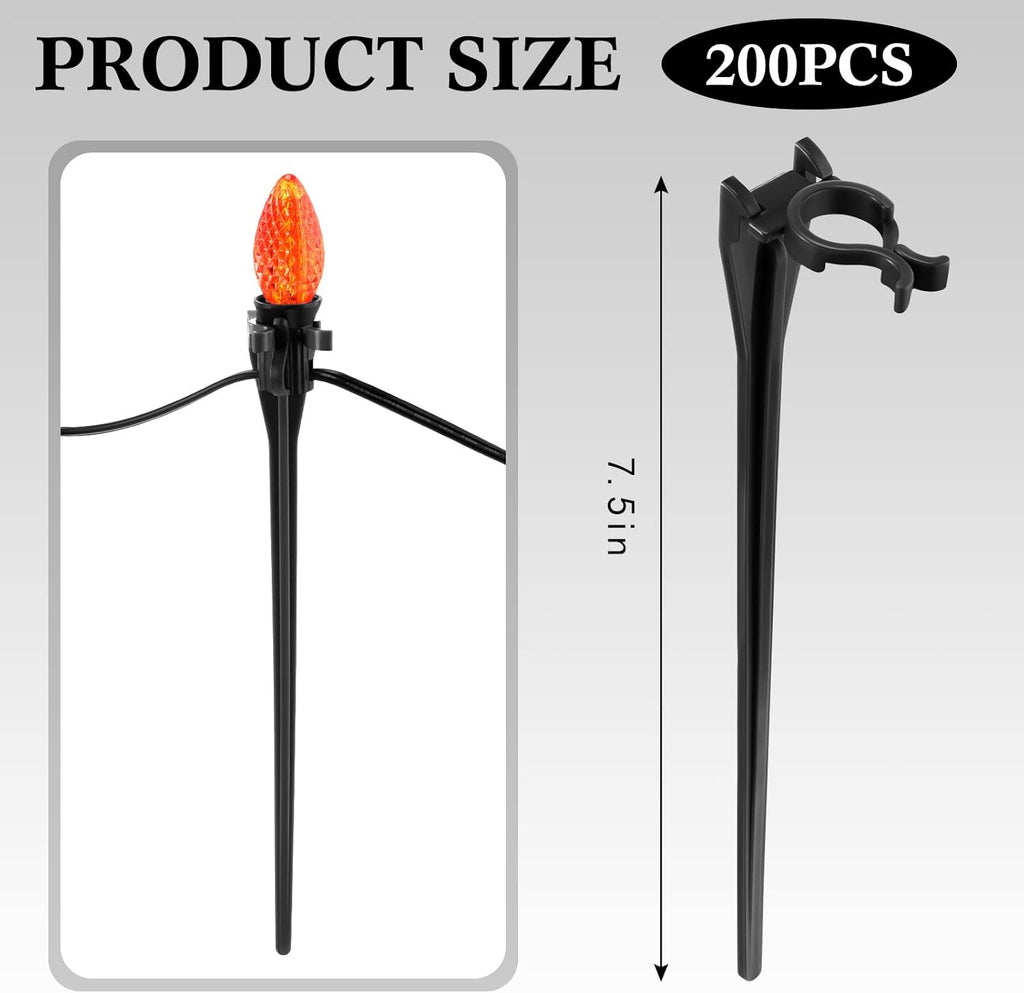Jetec 200 Pieces Christmas Light Stakes Universal Yard Lawn Holiday 7.5 Inches Light Ground Stakes for C7 C9 String Lights Christmas Outdoor Lights Holders on Yards, Driveways (Black)
