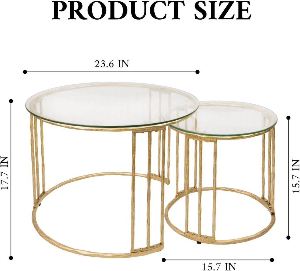 BEGINS Nesting Coffee Table Set of 2, 23.6" Round Coffee Table, Hand Forged Vintage Gold Center Table with Glass Top for Living Room, Bedroom, Balcony