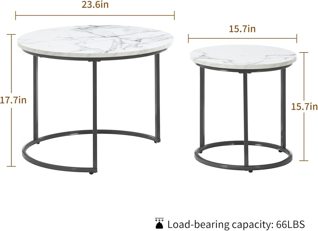 Round Nesting Coffee Table Set of 2, Modern Marble Pattern Wooden Nesting Tables, Stacking Minimalist End Table for Living Room Bedroom Small Space, White and Black