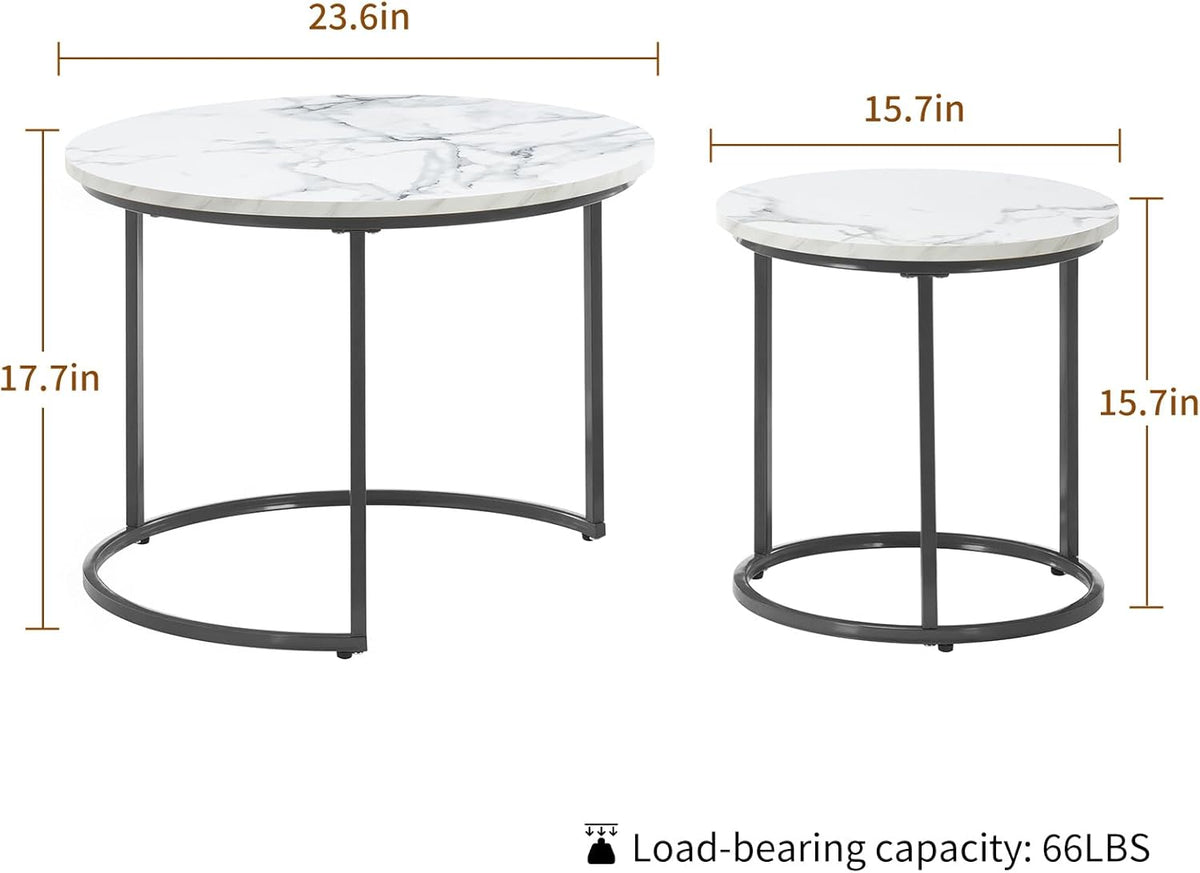 Round Nesting Coffee Table Set of 2, Modern Marble Pattern Wooden Nesting Tables, Stacking Minimalist End Table for Living Room Bedroom Small Space, White and Black