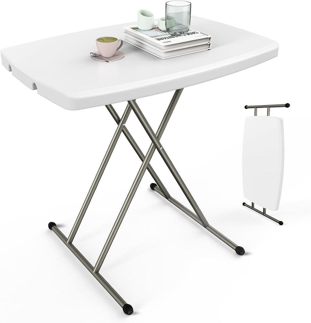 VINGLI Small Adjustable Folding Table, 13.8 in-28 in Height Personal Laptop TV Tray, HDPE Plastic Top with Steel Frame, 30 inch, White