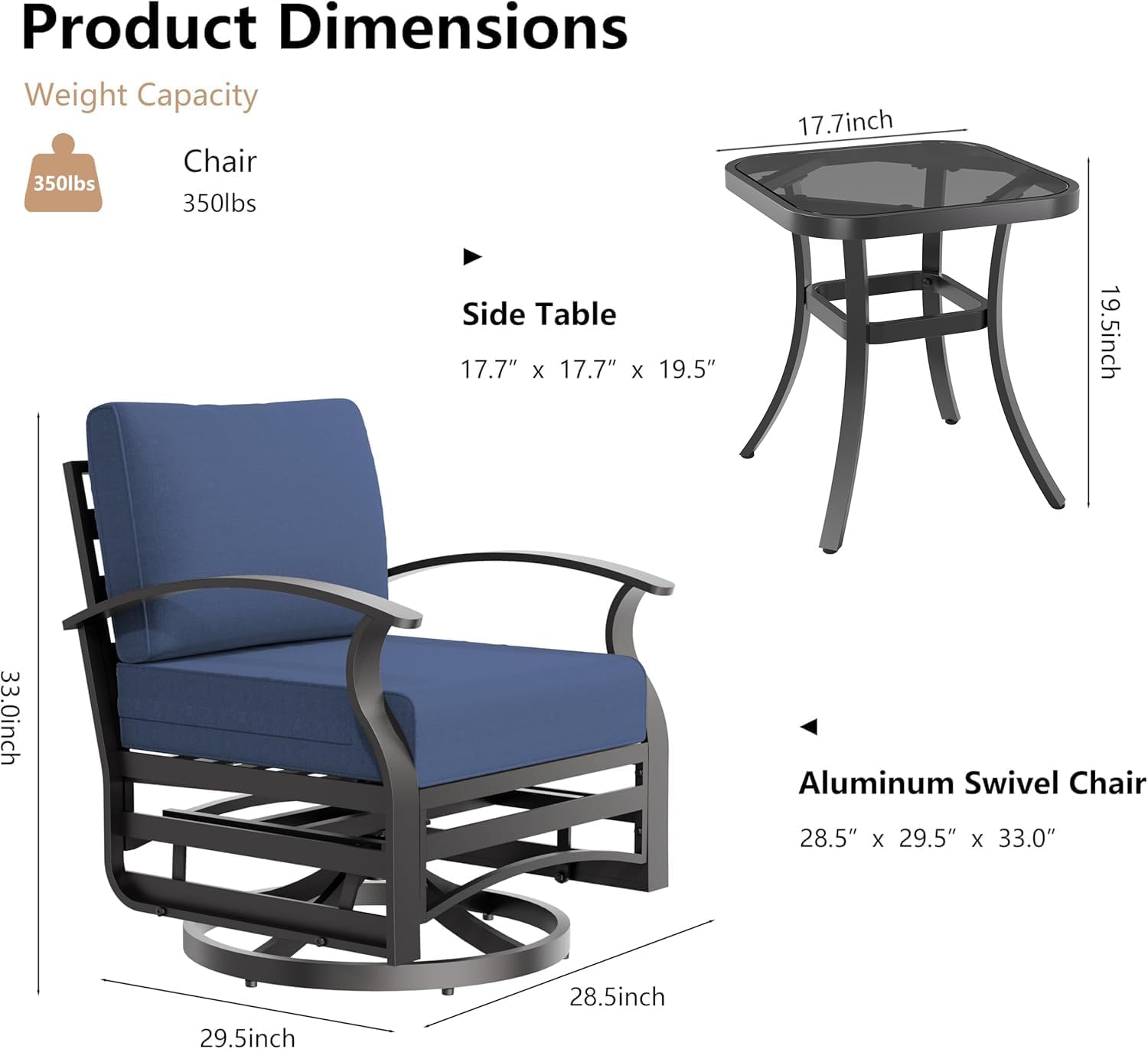 3 Piece Aluminum Swivel Rocking Chair Set, Outdoor Patio Swivel Gliders Chair with Glass Top Coffee Table, Conversation Furniture Set Suitable for Patio, Lawn, Outdoor, Back Garden(Dark Blue)