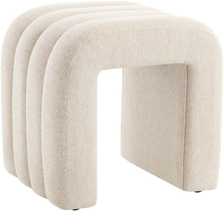 Flouki Ottoman Foot Stool with Channel Tufted, Small Ottoman Bench for Entryway, Modern Vanity Stool Chair, Upholstered Foot Rest Extra Seat for Living Room (Beige Linen, Set of 2)