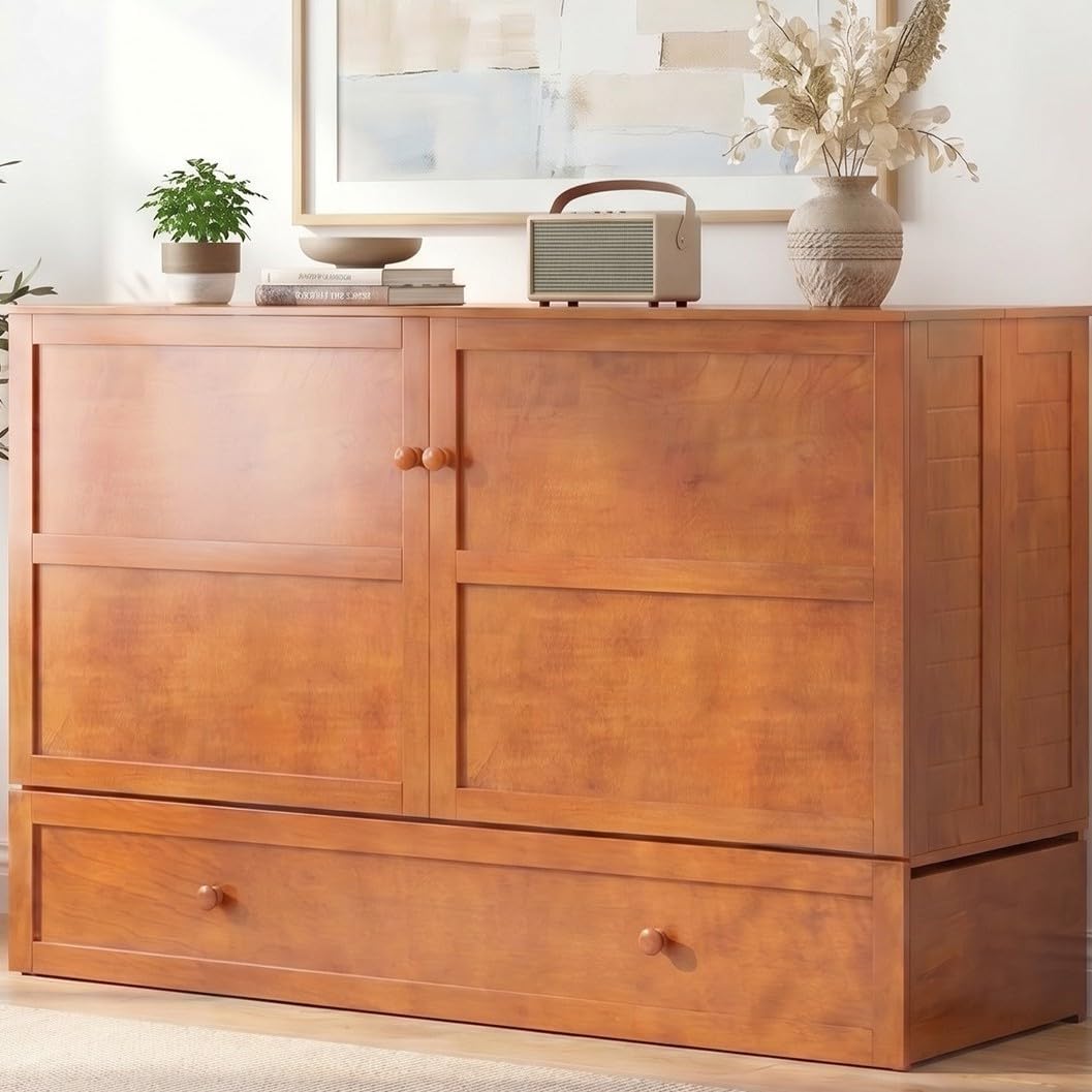 Mjkone Murphy Bed Queen with Mattress Included, Cabinet Murphy Bed with USB Charging Station & Storage Drawer, Mobile Cube Murphy Cabinet Chest Bed for Living Room Bedroom Apartment, Cherry