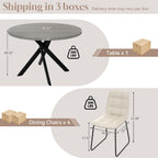 44" Round Dining Table Set for 4, Modern X-Shaped Metal Leg Table | Cushioned Cozy Beige Chairs of 4, Mid-Century Gray Tabletop, Dinette set for Kitchen, Dining Room & Apartments