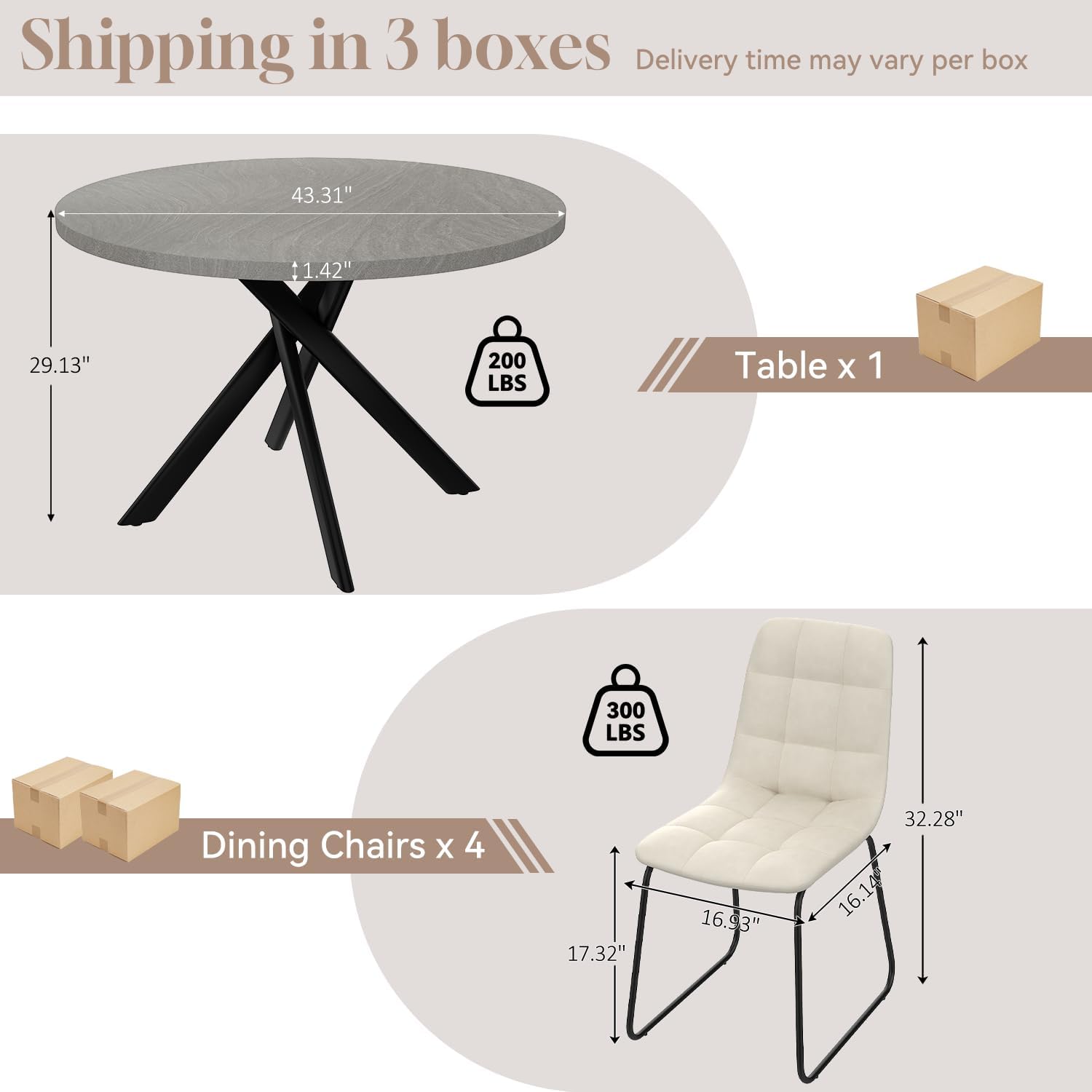 44" Round Dining Table Set for 4, Modern X-Shaped Metal Leg Table | Cushioned Cozy Beige Chairs of 4, Mid-Century Gray Tabletop, Dinette set for Kitchen, Dining Room & Apartments