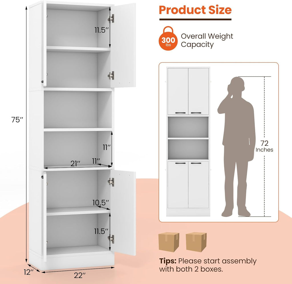 Giantex Kitchen Pantry Cabinet, 75” Tall Freestanding Cupboard with Doors & Shelves, Safety Hinges & Anti-Tipping Devices, Storage Sideboard for Dining Room, Living Room (White)