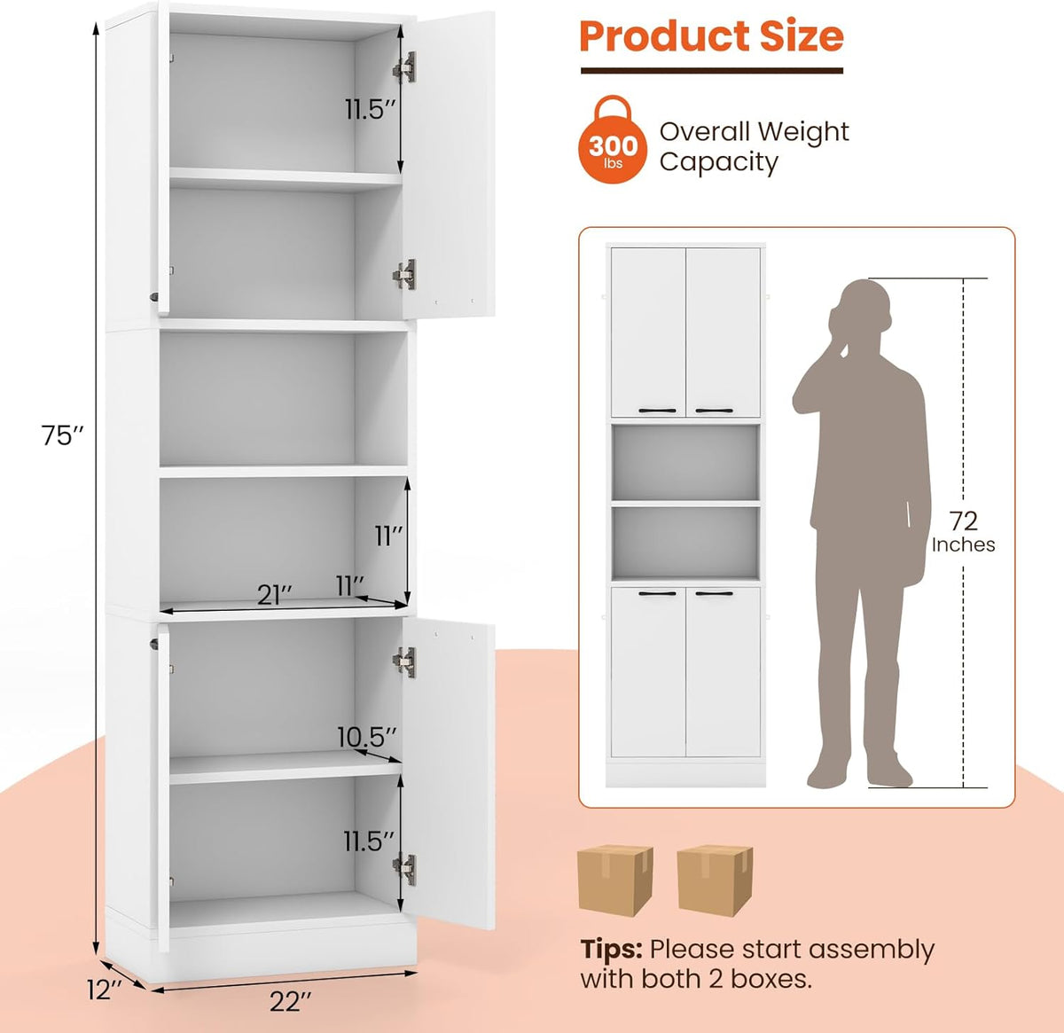 Giantex Kitchen Pantry Cabinet, 75” Tall Freestanding Cupboard with Doors & Shelves, Safety Hinges & Anti-Tipping Devices, Storage Sideboard for Dining Room, Living Room (White)