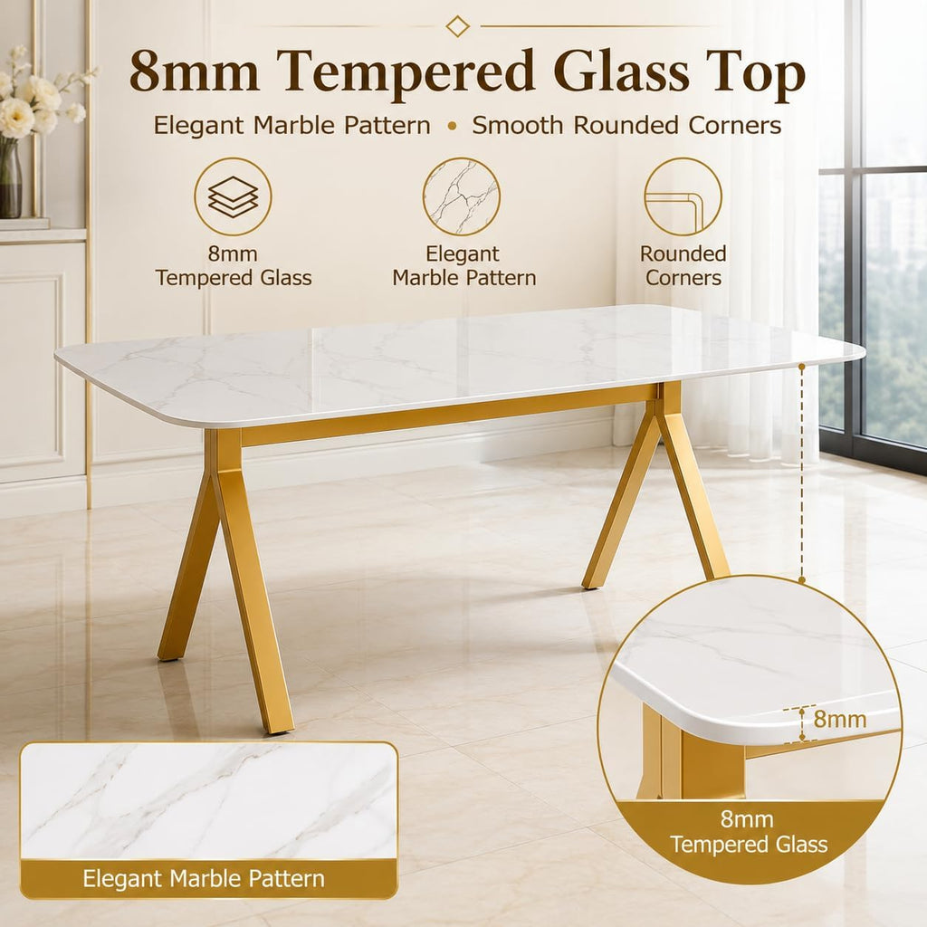 51.2 Inch Faux Marble Dining Table,Rectangular Glass Dining Table for 4-6,White Dining Room Table with Tempered Glass Tabletop and Golden Metal Legs,Luxury Dinner Table for Kitchen Apartment