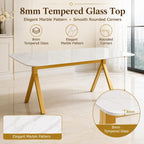 51.2 Inch Faux Marble Dining Table,Rectangular Glass Dining Table for 4-6,White Dining Room Table with Tempered Glass Tabletop and Golden Metal Legs,Luxury Dinner Table for Kitchen Apartment
