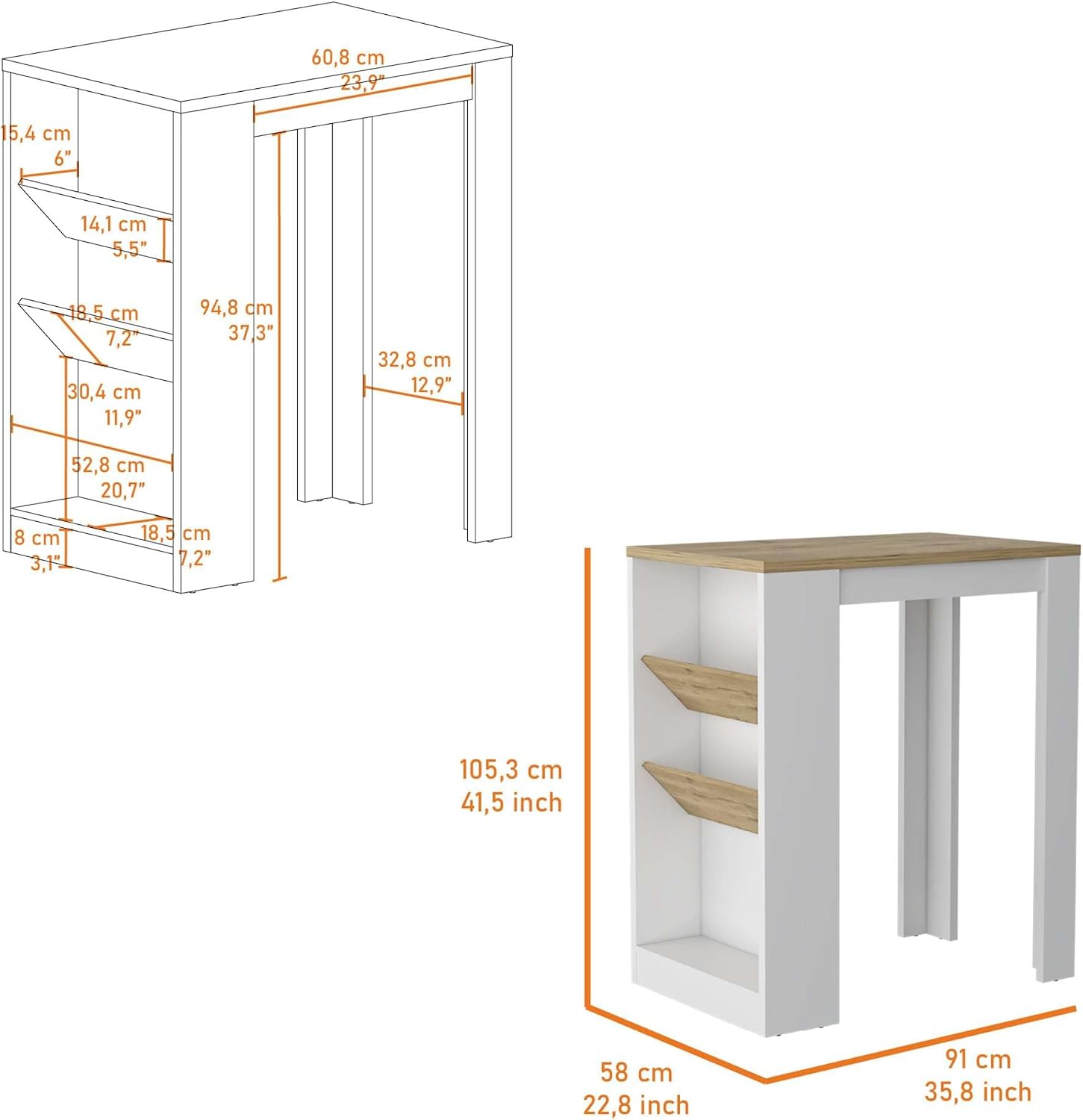 Wine Storage Pedestal Kitchen Island White and Macadamia | Three-tier design with dedicated wine display shelves
