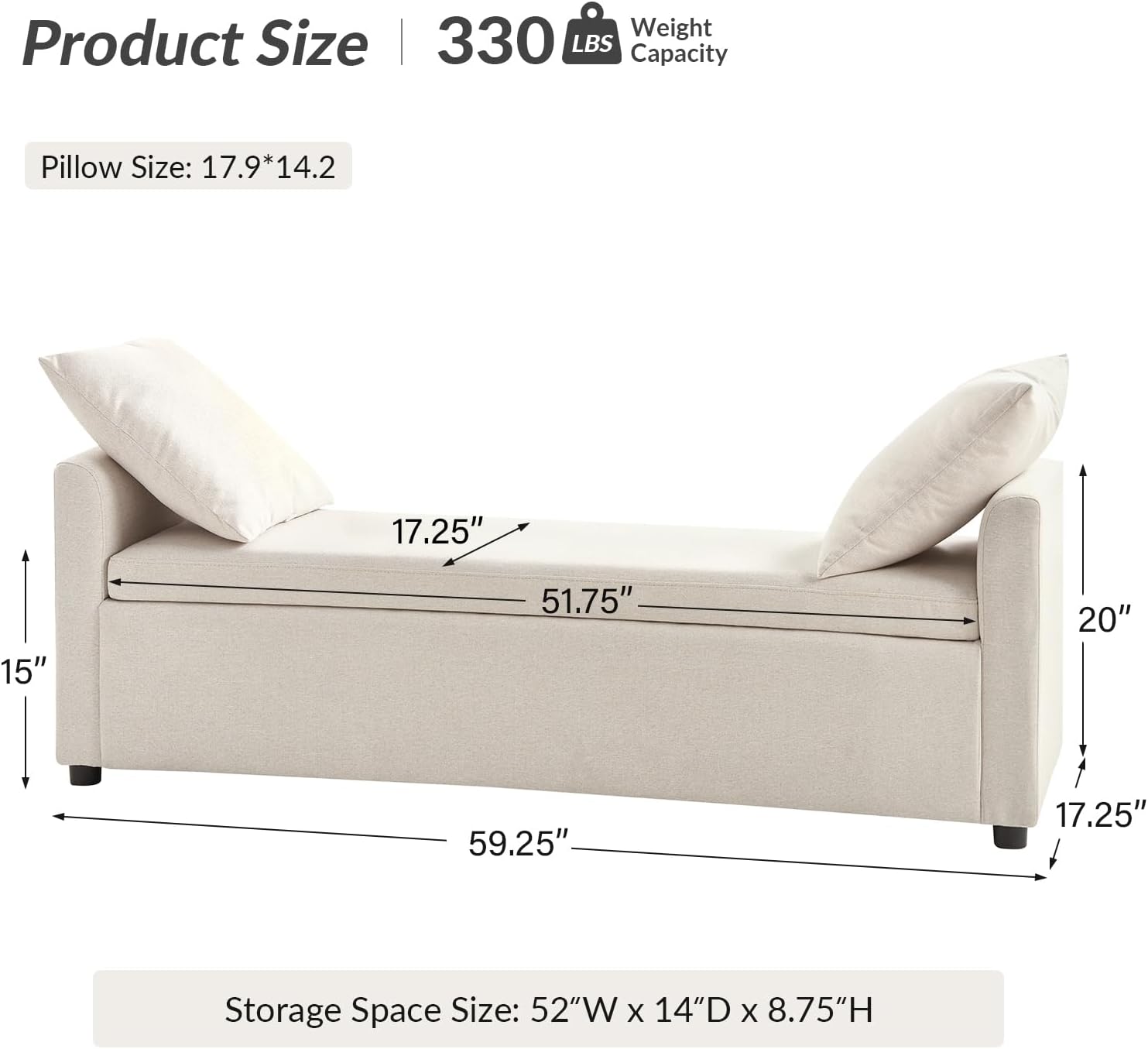 HULALA HOME 59" Storage Bench with 2 Throw Pillows, Modern Long Bedroom Bench for End of Bed, Comfy Upholstered Footstool for Entryway Living Room, Linen