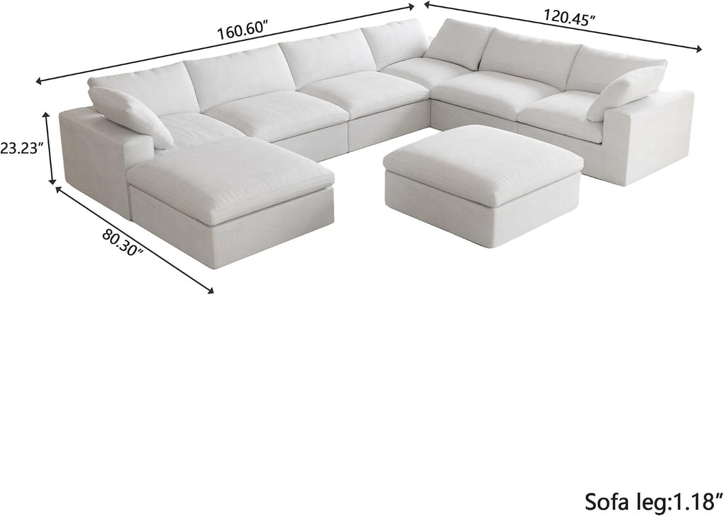 Cloud Modular Sectional Couch,160inch Overzised Down Filled Comfort Sofa Couch for Living Room,8 Seater Minimalist Wide Deep Seat Convertible Couches,Sofa Cover Washable & Removable,White