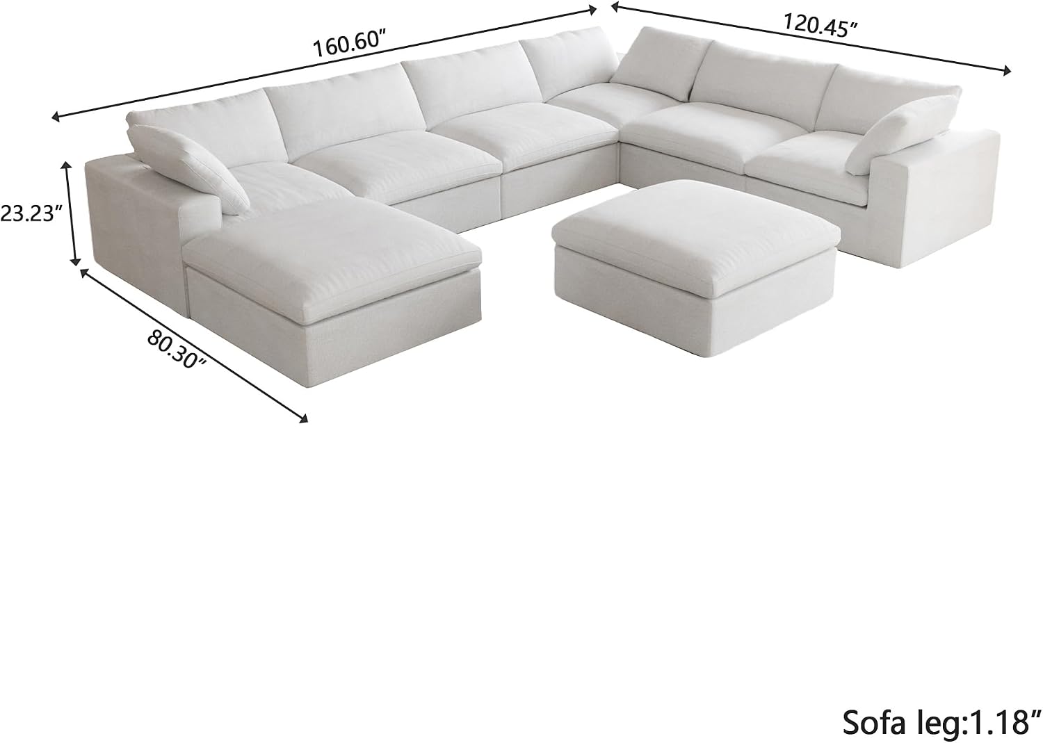 Cloud Modular Sectional Couch,160inch Overzised Down Filled Comfort Sofa Couch for Living Room,8 Seater Minimalist Wide Deep Seat Convertible Couches,Sofa Cover Washable & Removable,White