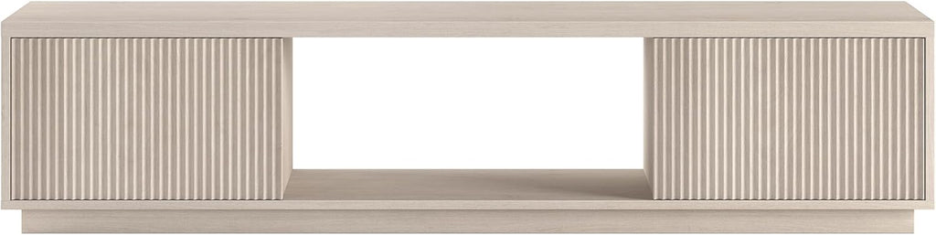 Henn&Hart 70" TV Stand for TVs up to 78", Beech White | Modern TV stand with ribbed cabinet doors and open center shelf for media or decor, perfect for living room or office