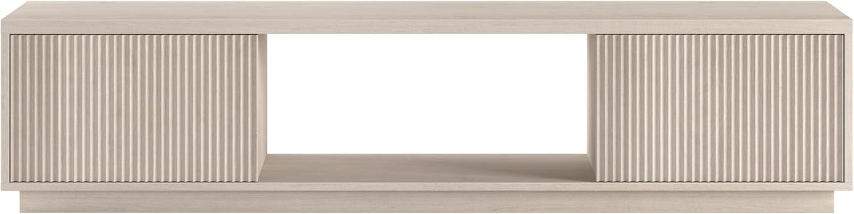 Henn&Hart 70" TV Stand for TVs up to 78", Beech White | Modern TV stand with ribbed cabinet doors and open center shelf for media or decor, perfect for living room or office