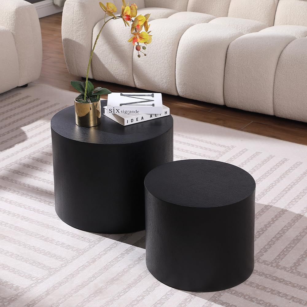 WILLIAMSPACE 18.9" Black Nesting Coffee Table Set of 2, Modern Round Coffee Tables Circle Side Table for Small Space, Accent End Table Set, No Assembling, Matte Black