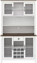 SOFTSEA Kitchen Pantry Cabinet with Built-in Power & USB Outlets, Kitchen Storage Cupboard with Doors, Wine Rack and Shelves, Rustic Buffet Cabinet with LED Light, 47.1x11.8x70.9 Inch, White