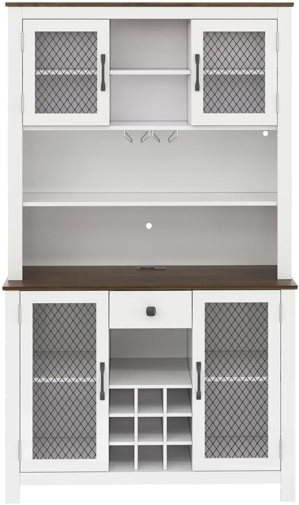 SOFTSEA Kitchen Pantry Cabinet with Built-in Power & USB Outlets, Kitchen Storage Cupboard with Doors, Wine Rack and Shelves, Rustic Buffet Cabinet with LED Light, 47.1x11.8x70.9 Inch, White