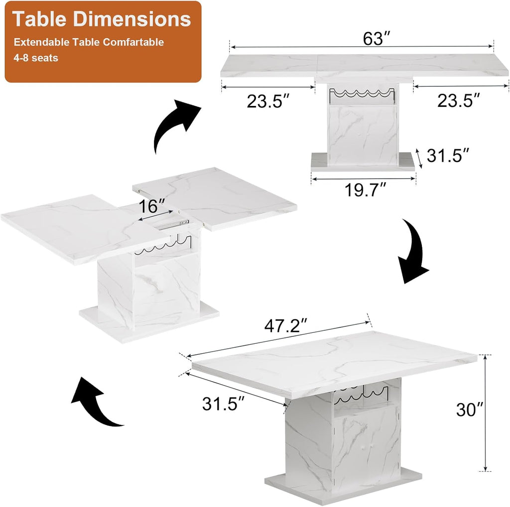 Extendable Dining Table for 4-6, 47-63in Expandable Kitchen Rectangle Dining Table with Removable Leaves, Modern Faux Marble Kitchen Table with Storage for Kitchen Living Room, White Faux Marble