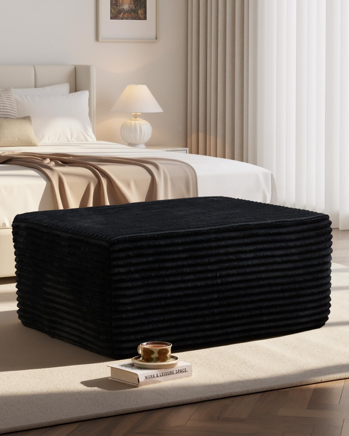 37" Plush Ottoman, Upholstered Cloud Footrest for Couch in a Box,Oversize Poufs for Living Room & Bedroom Sofa Ottoman,Comfy Seating with Dense Foam, Black (Plush Corduroy Fabric)