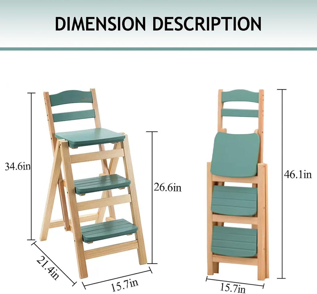 Folding Bar Stool, 3 Step Portable Adults Solid Wood Ladder Stool, Green | 3 Step Folding Stool Multifunction Portable for Household Kitchen, Counter Chair, Bathroom Storage Shelf