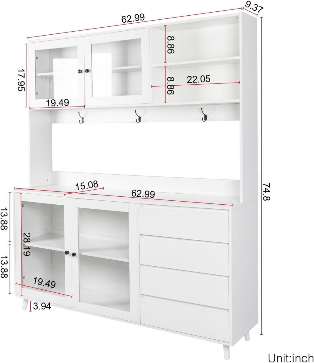 Modern White Kitchen Buffet and Hutch Storage Cabinet with Glass Doors, 4 Drawers, Open Shelves, and Hooks, Multifunctional Sideboard for Dining Room and Kitchen Organization