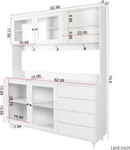 Modern White Kitchen Buffet and Hutch Storage Cabinet with Glass Doors, 4 Drawers, Open Shelves, and Hooks, Multifunctional Sideboard for Dining Room and Kitchen Organization