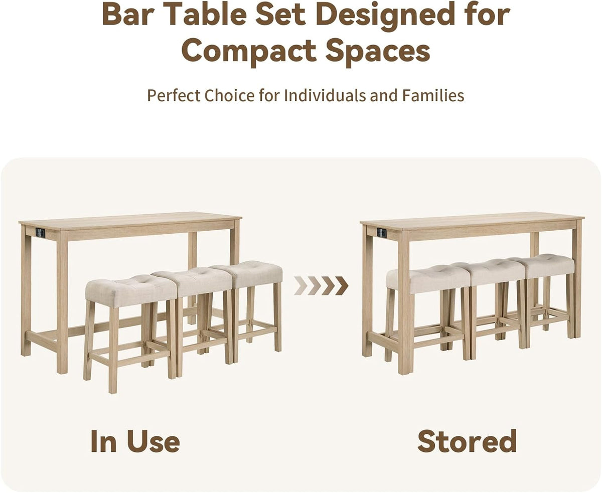 59" Counter Height Bar Table Set with Power Outlet, Industrial Breakfast Table with 3 Padded Stools, 4 Piece Bar Table and Chairs Set for Living Room, Dining Room, Light Oak