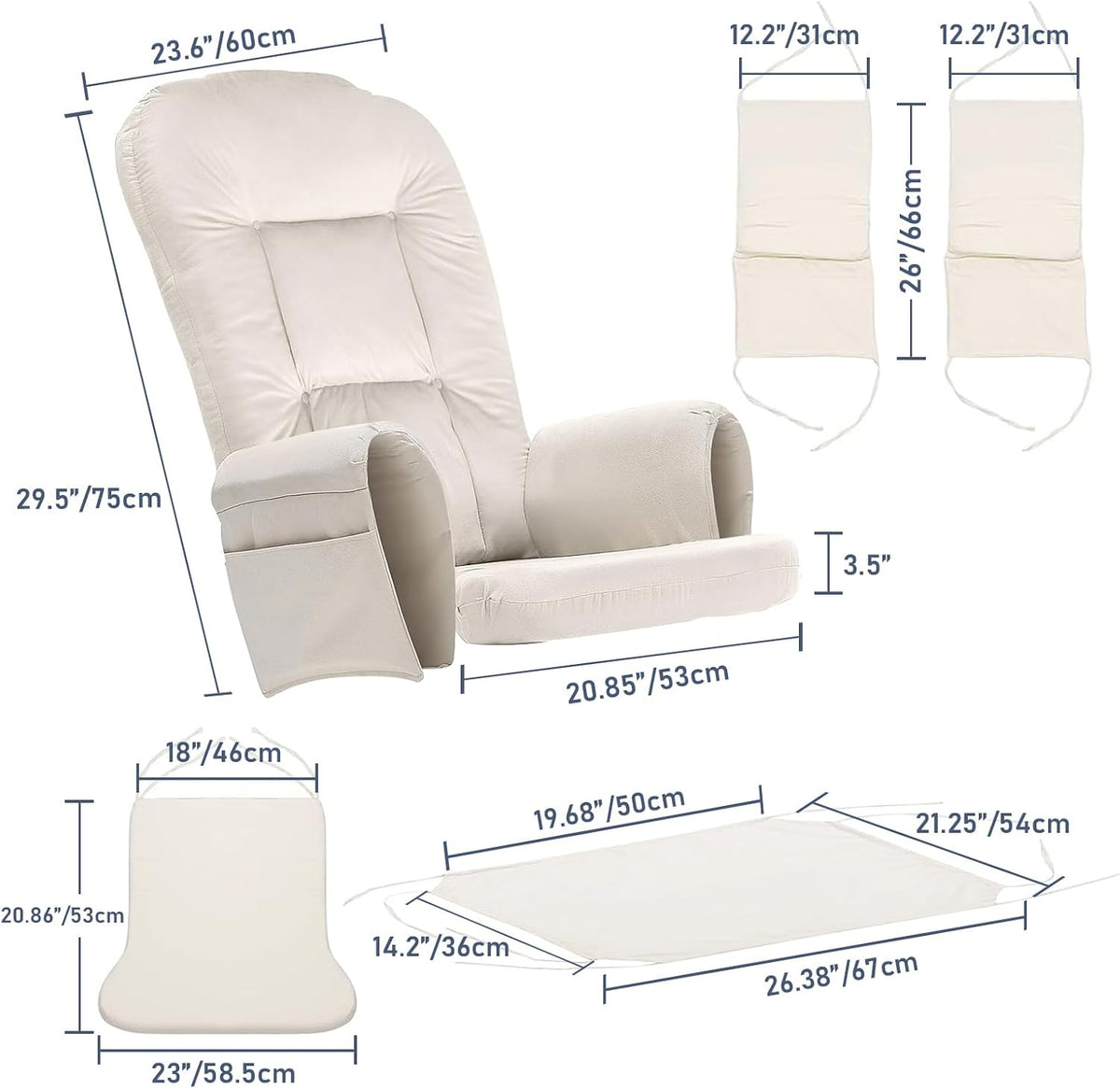 5 PCS Replacement Cushions for Glider Rockers - Thickened Non-Slip Cushions Set with Ottoman Cover & Storage Pocket, Washable & Supportive for Ultimate Comfort