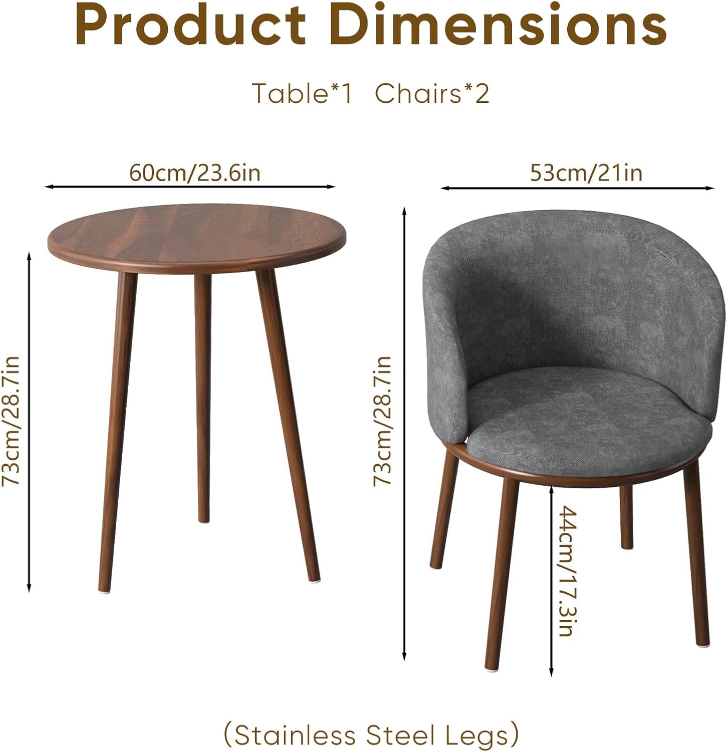 Round Dining Table Set, Upholstered Fabric Chairs with Padded Seat for 2, Space-Saving Modern Nordic Furniture with Sturdy Stainless Steel Legs, Easy to Assemble for Home Office (Grey)
