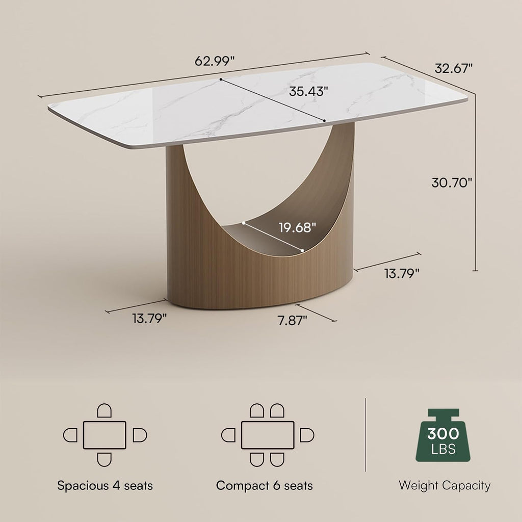 POVISON 63" Modern Dining Table for 4-6, Hobart Rectangle Dining Table, Matte White Sintered Stone Dining Tabletop with Bronze Carbon Steel Pedestal Table (Table Only)