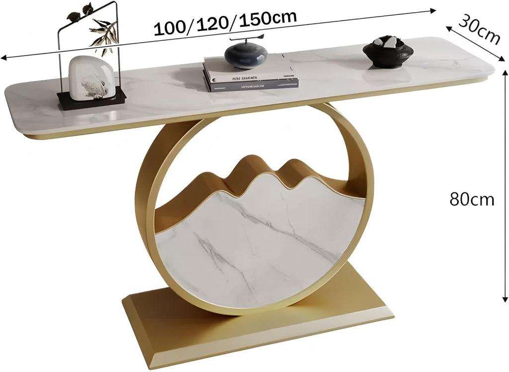 Contemporary Accent Table Modern Console Table | Marble-Like Tabletop and Circular Metal Base, Easy Assemble, for Hallway Foyer Entrance Entryway(Black-C,100x30x80cm)