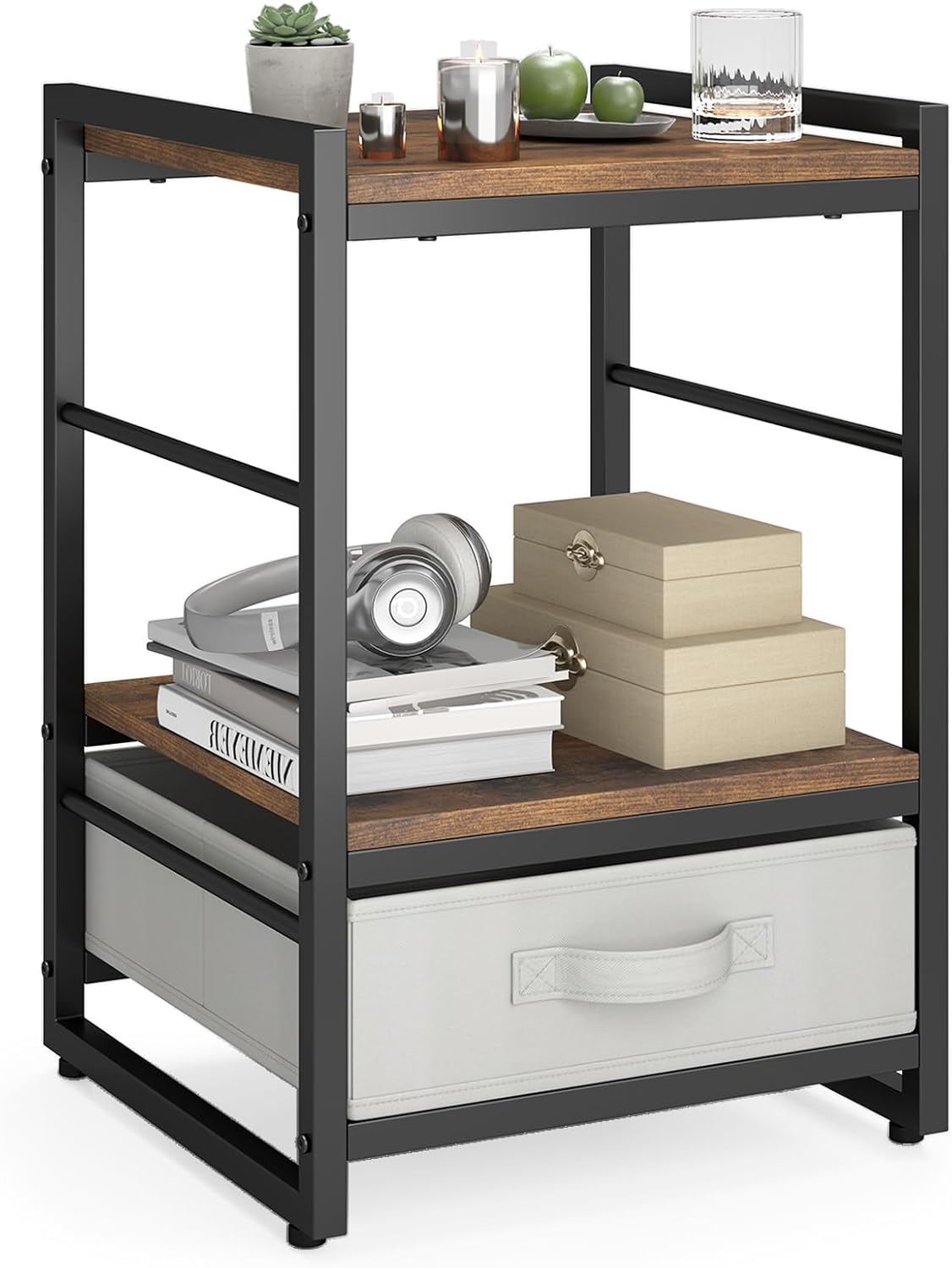 Giantex Industrial Nightstand with Storage Drawer, Rustic Bedside Table with Metal Frame & Open Shelf, 16 Inch Small Side End Table for Bedroom, Living Room, or Apartment, Rustic Brown
