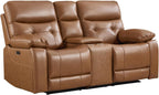 CANMOV Genuine Leather Power Recliner Loveseat, 2 Seat Loveseat Reclining Sofa with Storage Console,Hidden Cup Holders,Modern Electric Recliner Couch Set for Living Room, Bedroom,Brown