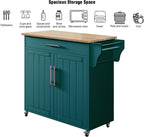 Kitchen Storage Island, Wooden Rolling Island On Wheels with Wood Top, Mobile Kitchen Island Cart with Towel Rack, Spice Rack and Drawers, Green