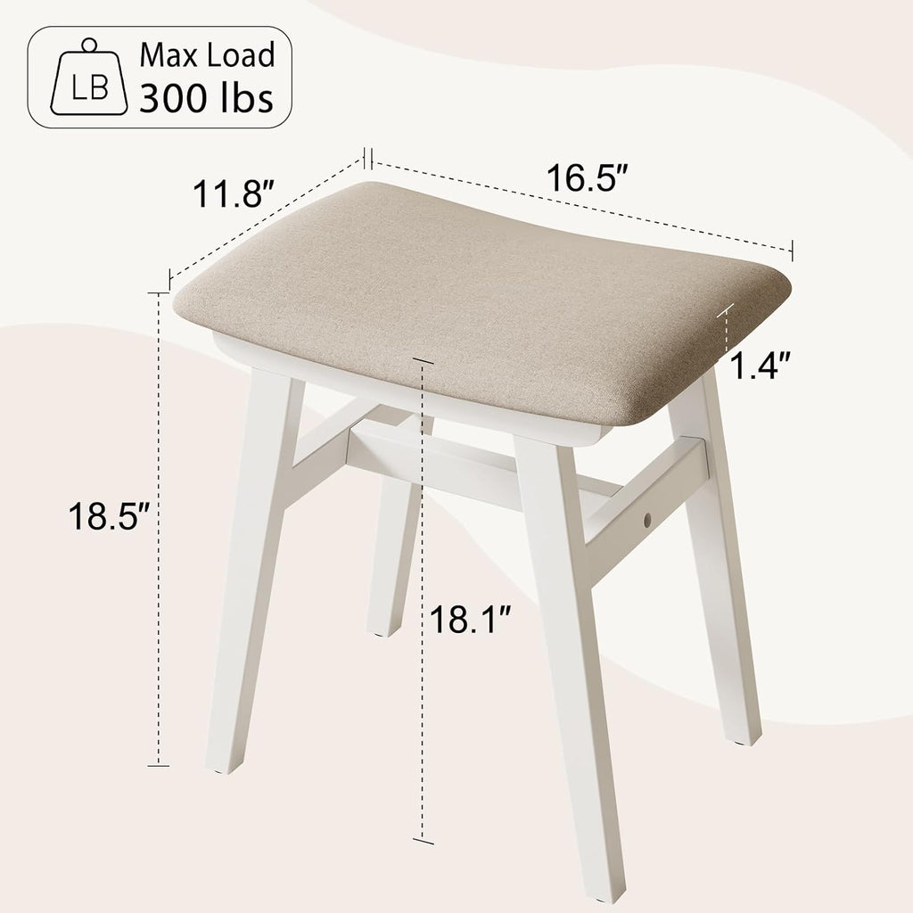 Muwuele Solid Wood Vanity Stool, Compact Makeup Chair with Saddle Cushion, Linen-Covered High Rebound Sponge Seat, Easy Assembly Footstool for Bedroom, Entryway, Home, White