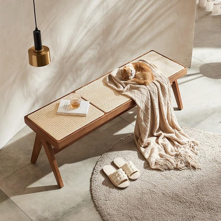 Entryway Stool Rattan Wooden Shoe Bench Bedroom Bedside Bench Wabi-sabi Style Retro Long Bench Shoe Changing Stool