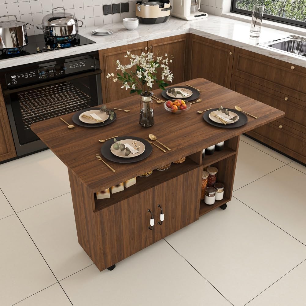 Folding Dining Table with Wheels, Drop Leaf Dinner Table with 2-Layer Storage, Space Saving Table for Small Spaces, Kitchen, Dining Room (Walnut)
