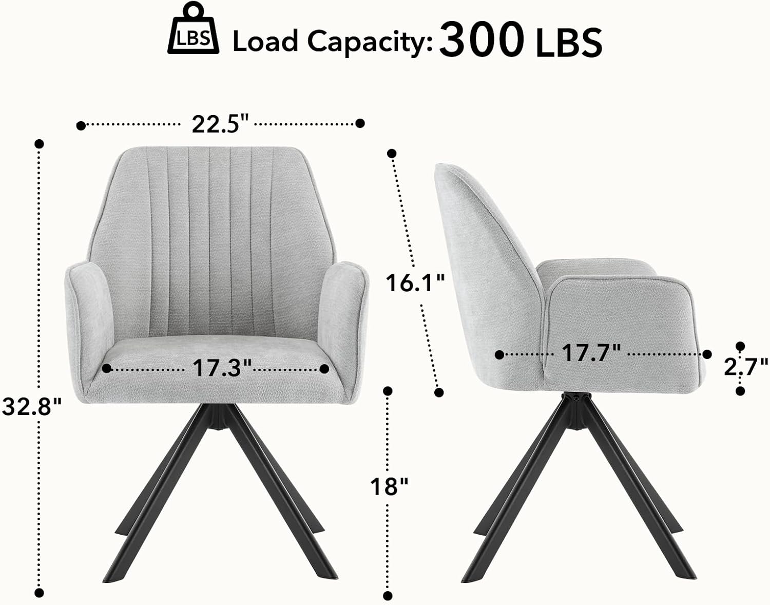 Furniliving 360° Swivel Dining Chairs Set of 2, Modern Upholstered Dining Room Chairs with Thicken Cushion, Style Chair with Arms Swivel Kitchen Chairs for Living Room, Restaurant, Chenille, LightGrey