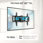 MOUNTUP Full Motion TV Wall Mount for 42-82'' TV, Holds 100lbs Fit 16" Stud | Full-motion TV mount tilts up 5° and down 10° for anti-glare, swivels ±45°, extends 15.7" and retracts 3" for space-saving