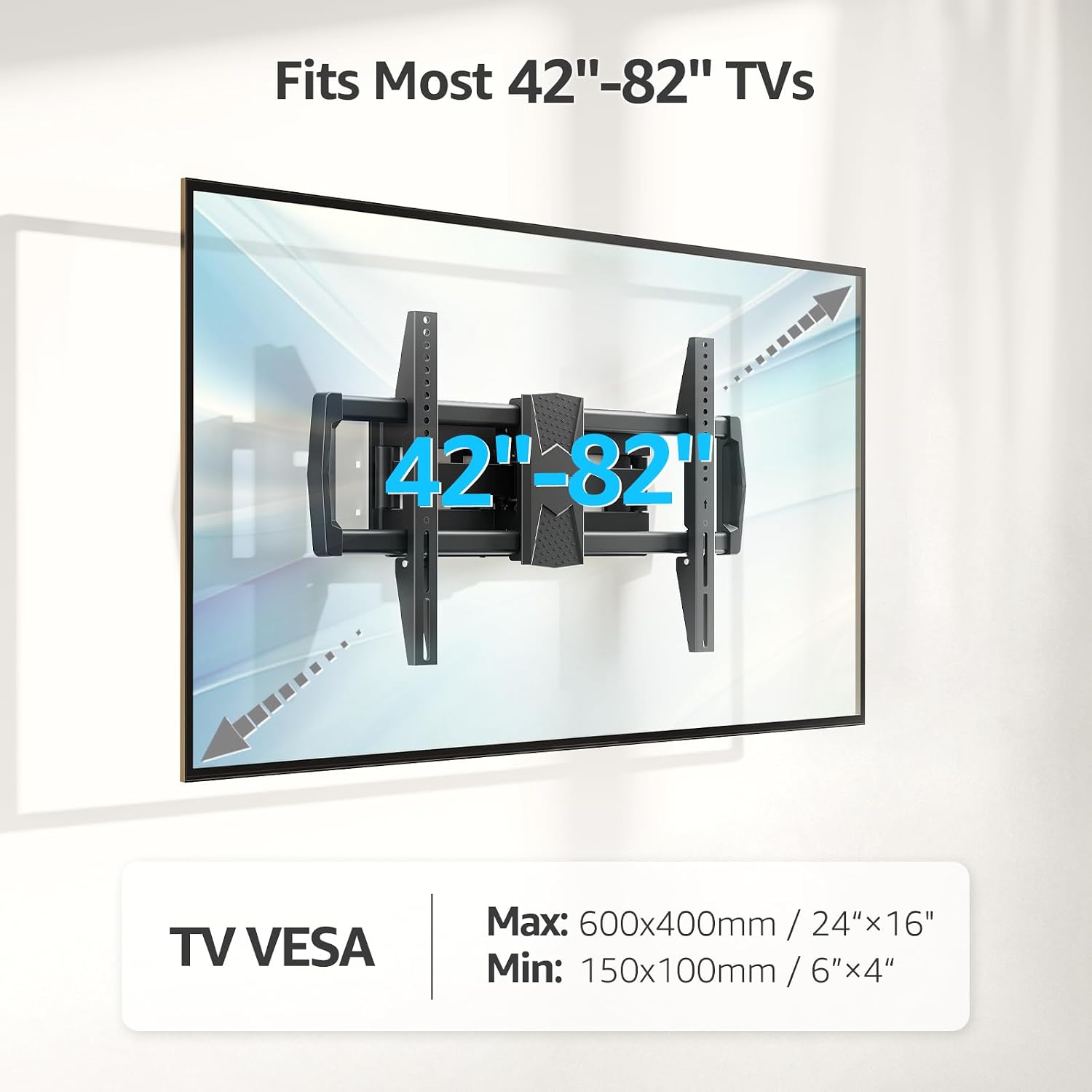 MOUNTUP Full Motion TV Wall Mount for 42-82'' TV, Holds 100lbs Fit 16" Stud | Full-motion TV mount tilts up 5° and down 10° for anti-glare, swivels ±45°, extends 15.7" and retracts 3" for space-saving