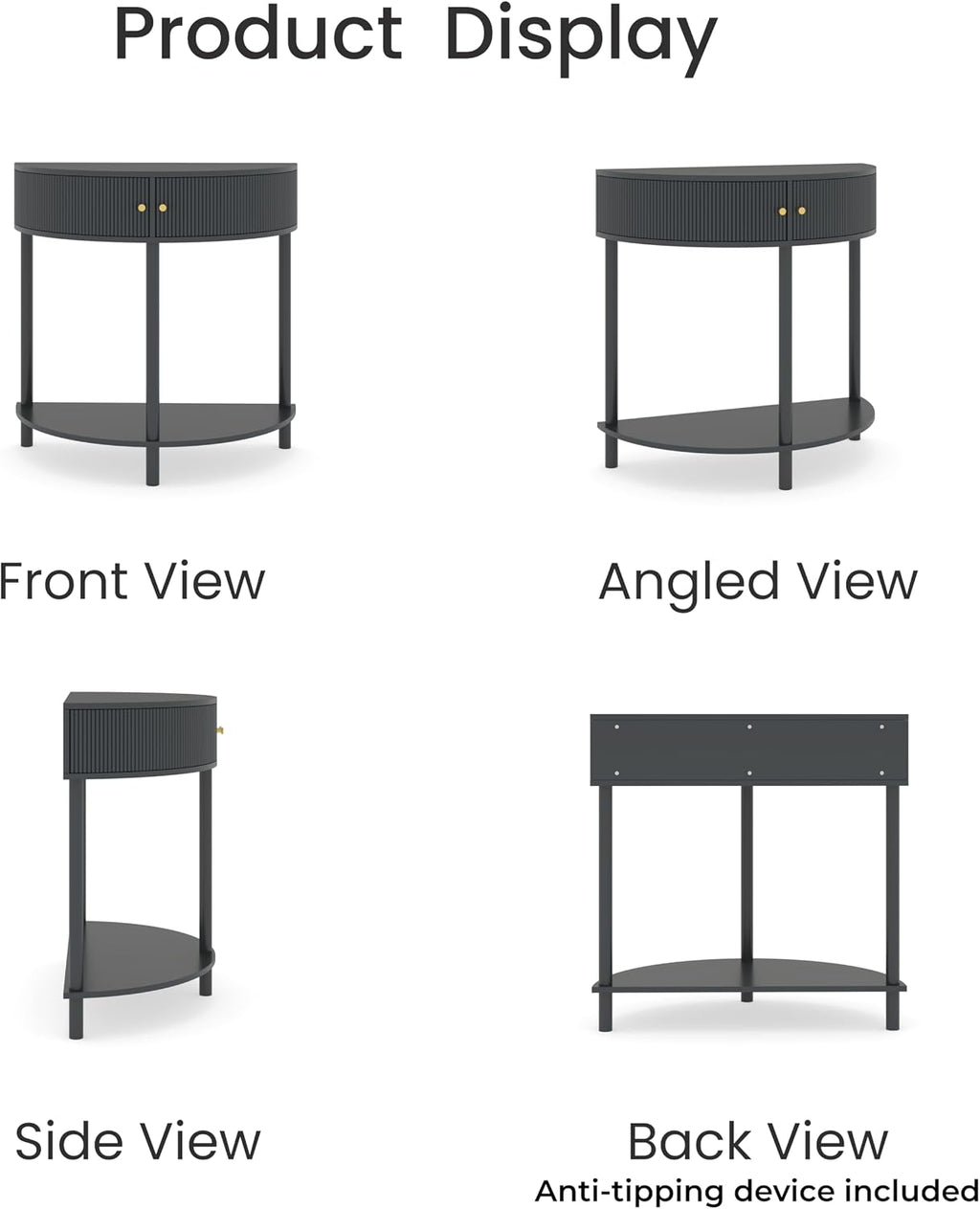 Entryway Table, Artisan-Crafted Half Moon Fluted Console Tables with 2 Rattan Storage,Small Half Circle Tables for Hallway, Narrow Round Accent Decort Table for Living Room (Dark Gray)